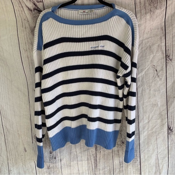 Vineyard Vines Ribbed Blue and White Striped Sweater Embroidered details Medium - Picture 1 of 7